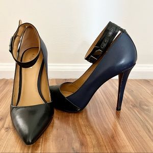 Coach navy blue and black leather pointy heel with strap